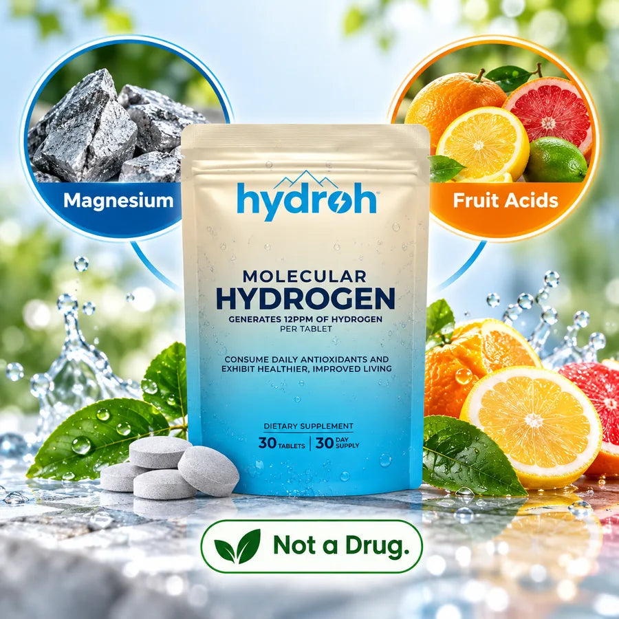 Hydroh Molecular Hydrogen tablets pouch with fresh apples and grapes